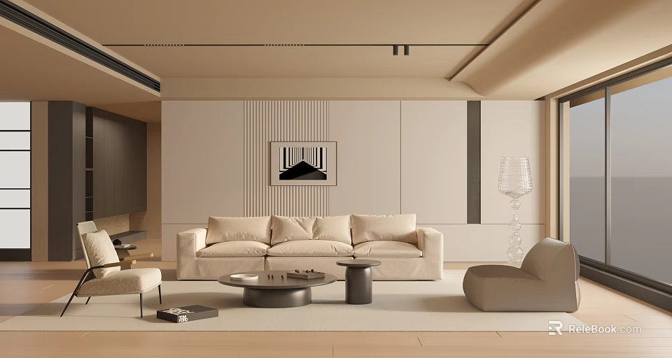 Modern Minimalist Living Room Interior With Beige Sofa Round Coffee Table And Floor Lamp 3d model 