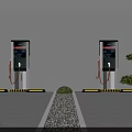 Outdoor Electric Vehicle Charging Stations With Two Units Green Trees Gray Ground White Walls