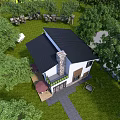Detached Villa With White Exterior Stone Chimney Large Windows Lush Lawn And Outdoor Deck