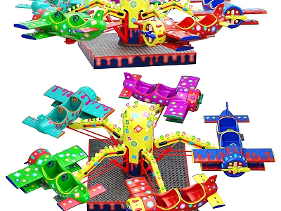 Colorful Spinning Plane Amusement Rides Featuring Multiple Seats And Vibrant Colors 3d model