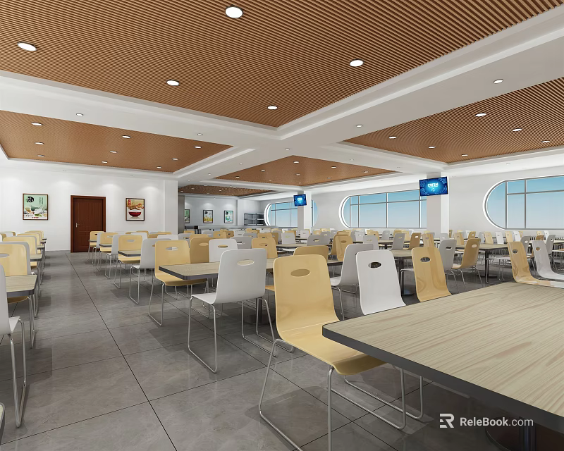Spacious Cafeteria Interior With Brown Ceiling Tables Chairs Wall Paintings And Large Windows 3d model