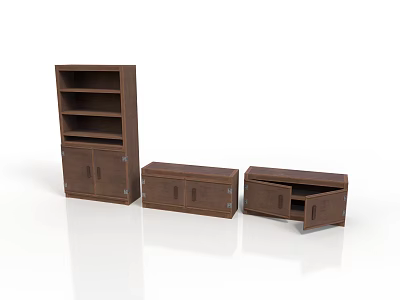 Brown Wooden Storage Furniture Set With Tall Cabinet And Low Drawer Units 3d model