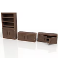 Brown Wooden Storage Furniture Set With Tall Cabinet And Low Drawer Units