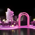 Elegant Floral Display With Pink Multi Tiered Stands Arched Structures And Lighting Accents 3d model