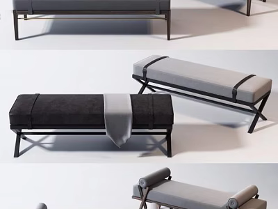 Modern Minimalist Ottoman Bench With Upholstered Seat Metal Frame And Straps Design 3d model