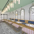Dessert Shop Interior With Golden Bar Counter High Stools Pendant Lights Green Ceiling Grid Wall