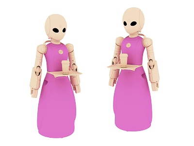 Public Facilities Service Robots In Pink Dresses With Tray Service 3d model