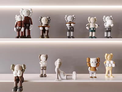 Kaws Inspired Ornamental Figurine Collection With Various Colors And Poses On White Shelves 3d model