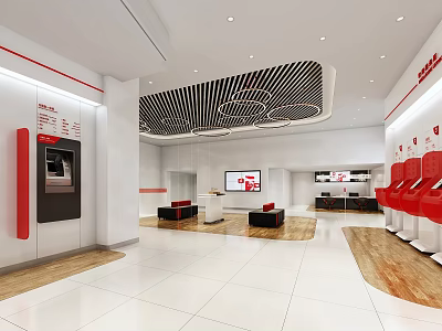 Modern Bank Interior With Self Service Kiosks Customer Service Area And Digital Screens 3d model