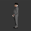 Elderly Gentleman In Gray Suit With Black Top Hat And Walking Cane