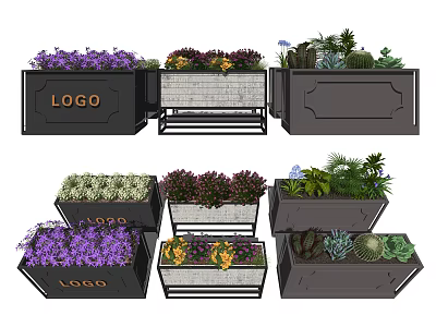 Multiple Modern Garden Flower Planters With Colorful Flowers Succulents And Logo Design 3d model