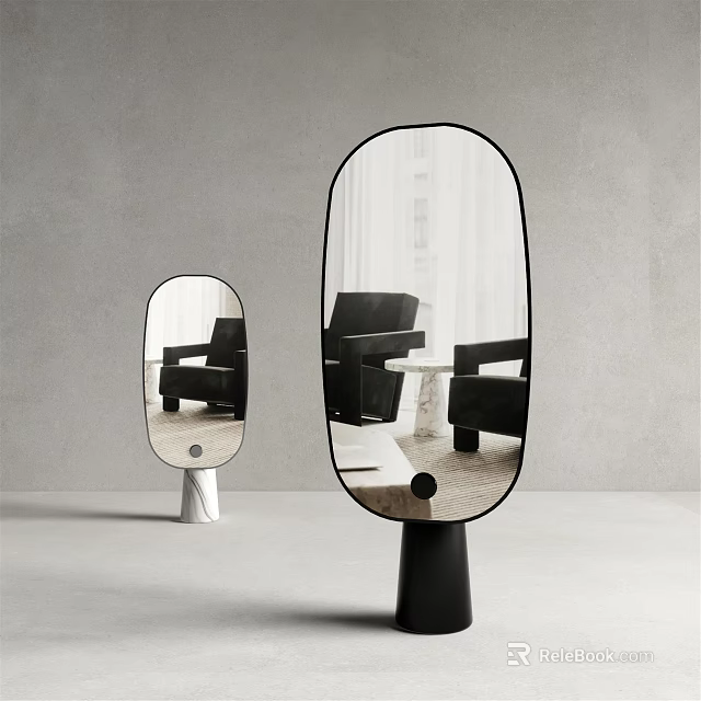 Large And Small Oval Mirrors With Black White Bases Gray Wall Reflecting Black Chairs Tables 3d model 
