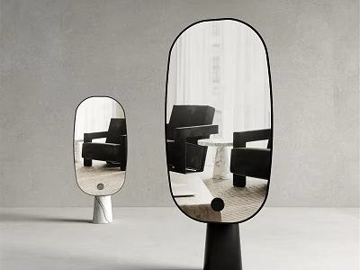 Large And Small Oval Mirrors With Black White Bases Gray Wall Reflecting Black Chairs Tables 3d model