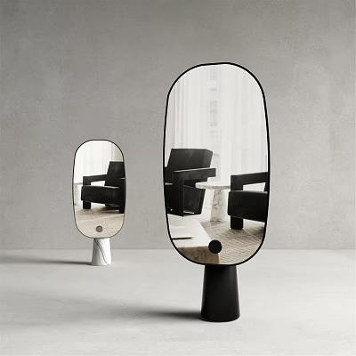 Large And Small Oval Mirrors With Black White Bases Gray Wall Reflecting Black Chairs Tables 3d model