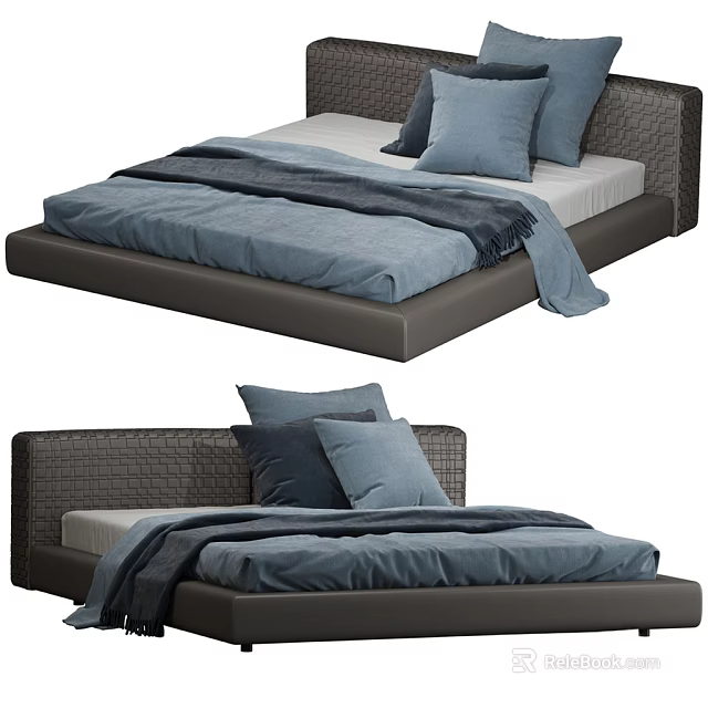 Modern Double Platform Bed With Woven Upholstered Headboard Gray Frame Blue Pillows And Blanket 3d model