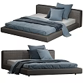 Modern Double Platform Bed With Woven Upholstered Headboard Gray Frame Blue Pillows And Blanket 3d model