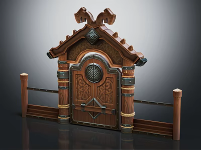 Wooden Carved Entrance Gate With Decorative Roof Railings And Metal Accents 3d model