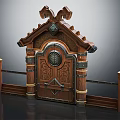 Wooden Carved Entrance Gate With Decorative Roof Railings And Metal Accents