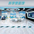 School Science Exploration Room With Modern Design Blue Lighting Round Tables And Open Space