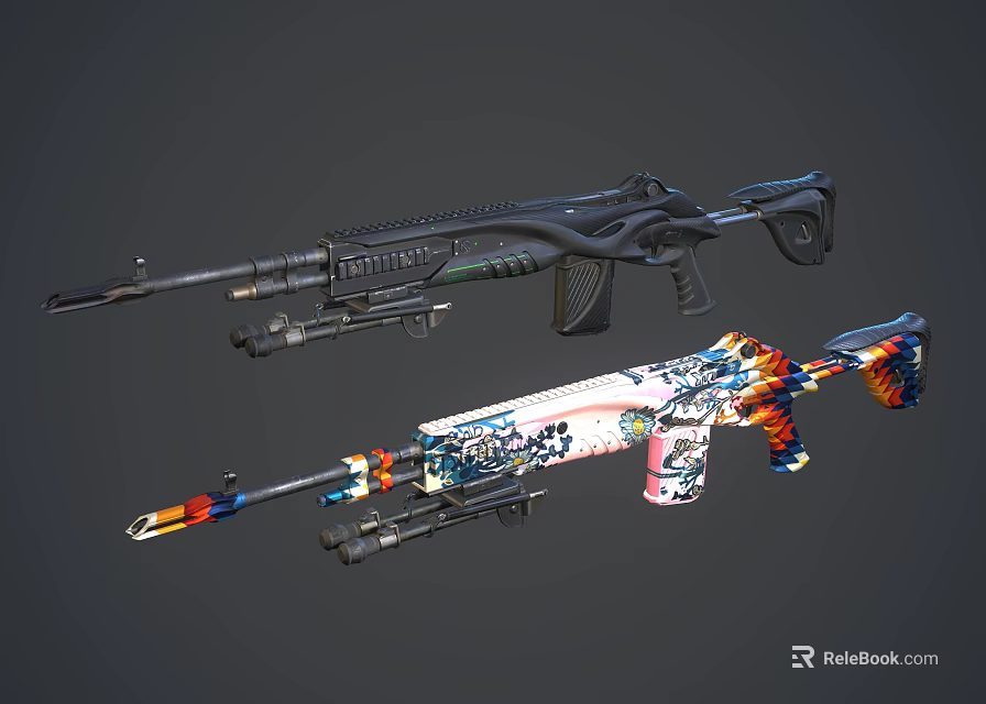 Two Modern Tactical Rifles With Black And Colorful Flame Patterned Designs 3d model 