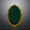 Green Oval Gemstone With Golden Ornate Frame And Building Reflection On Surface