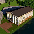 Modern Office Building With Arched Windows Green Lawn Trees And Waterfront View