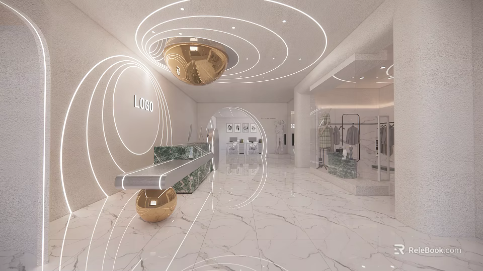 Modern Clothing Store Interior With Marble Flooring Golden Spheres Curved Lighting And Clothing Racks 3d model 