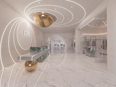 Modern Clothing Store Interior With Marble Flooring Golden Spheres Curved Lighting And Clothing Racks 3d model