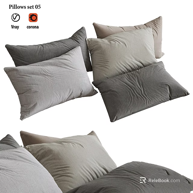 Soft Neutral Toned Decorative Pillows In Gray And Beige Textured Fabric 3d model 