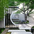 Serene Garden Landscape With Wooden Pergola Swing Checkerboard Tiles Green Plants And Chairs