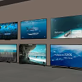 Multiple Modern Televisions Mounted on Wall Displaying Various Ocean Scenes and Time 3d model