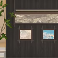Dark Wooden Wall Decor With Long Landscape Painting Square Artworks And Green Plant