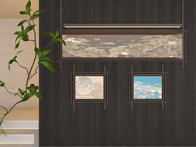 Dark Wooden Wall Decor With Long Landscape Painting Square Artworks And Green Plant 3d model