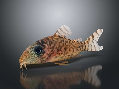 Spotted Fish With Large Eyes And Whisker Like Structures On Dark Background With Reflection 3d model