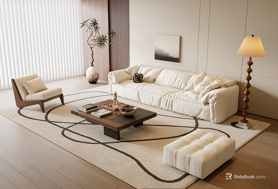 Minimalist Living Room Sofa Coffee Table Set With Armchair Lamp Plant Rug And Painting 3d model 