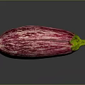 Fresh Purple Striped Eggplant with Green Stem on Dark Reflective Surface