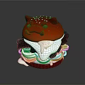 Cartoon Themed Burger Featuring Top Bun Ear Decorations Sesame Seeds White Sauce And Black Layers