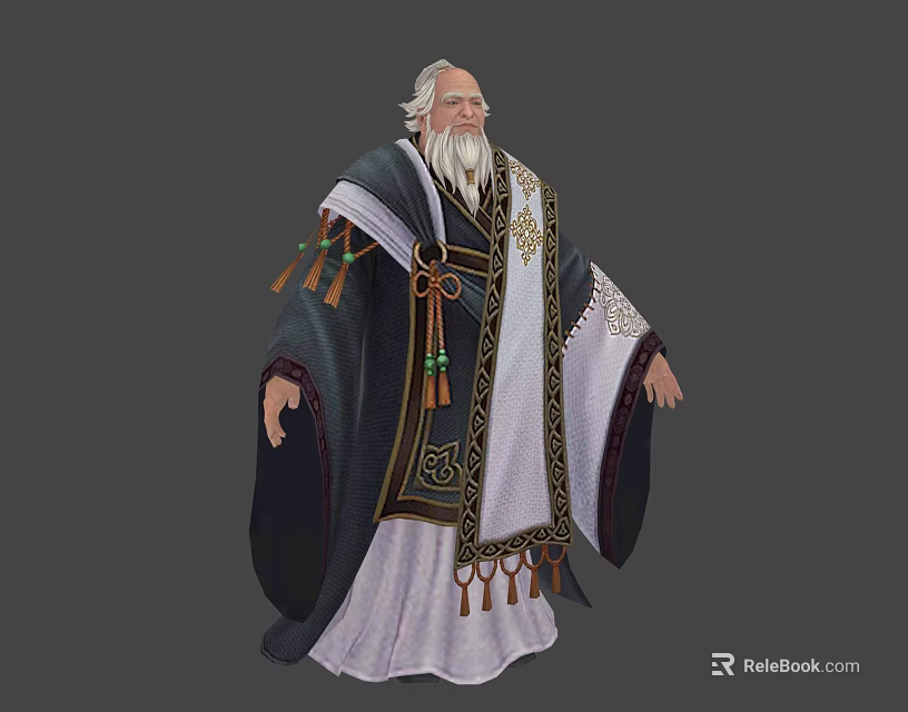 Elderly Character With White Beard In Dark And White Traditional Robe With Decorative Tassels 3d model 