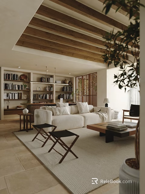Modern Living Room Interior With White Sofa Wooden Bookshelves Green Plants And Wooden Ceiling 3d model 