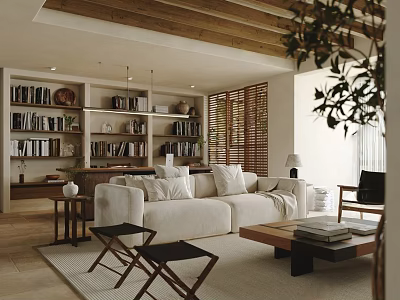 Modern Living Room Interior With White Sofa Wooden Bookshelves Green Plants And Wooden Ceiling 3d model