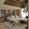 Modern Living Room Interior With White Sofa Wooden Bookshelves Green Plants And Wooden Ceiling