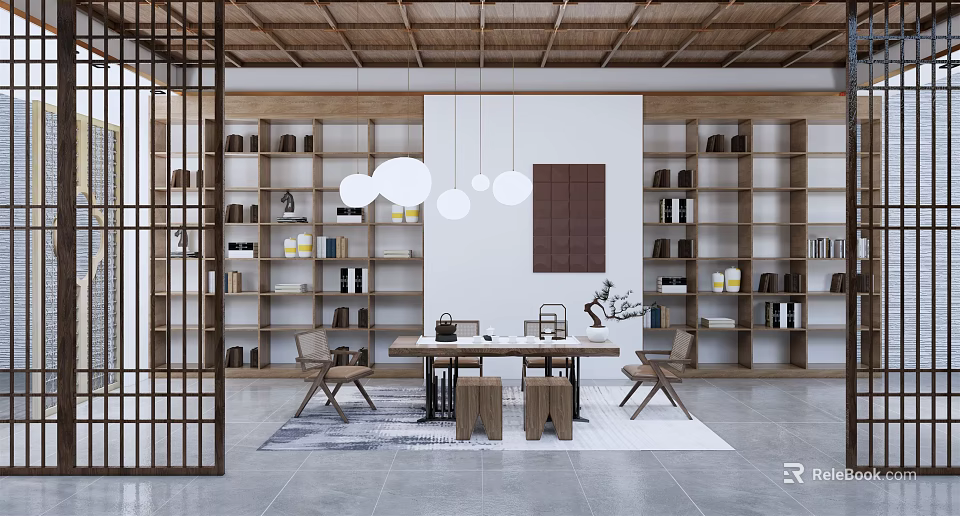 Modern Tea Room Interior With Wooden Bookshelves Hanging Pendant Lights Lattice Screen And Wooden Table 3d model 