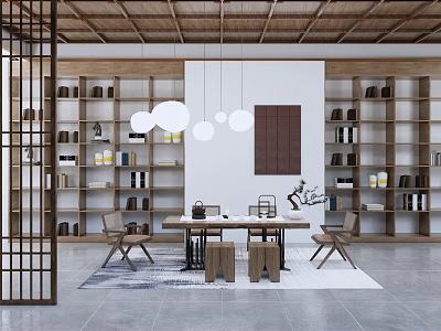 Modern Tea Room Interior With Wooden Bookshelves Hanging Pendant Lights Lattice Screen And Wooden Table 3d model