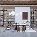 Modern Tea Room Interior With Wooden Bookshelves Hanging Pendant Lights Lattice Screen And Wooden Table