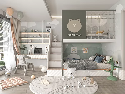 Kids Room Interior Design With Colorful Balloons Bear Pattern Bunk Bed And Study Desk 3d model