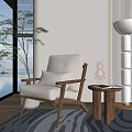 Minimalist Living Room Armchair With Wooden Side Table Floor Lamp Green Plant And Natural Light