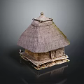 Traditional Thatched Roof Cottage With Wooden Structure Platform Base And Simple Doors Windows