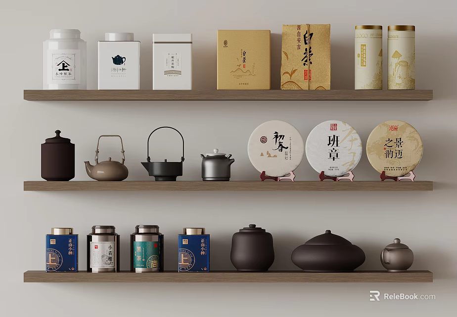 Traditional Ceramic Tea Sets Display on Wooden Shelves with Tea Canisters and Round Tea Cakes 3d model 