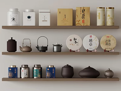 Traditional Ceramic Tea Sets Display on Wooden Shelves with Tea Canisters and Round Tea Cakes 3d model