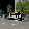 Modern Urban Post Station with Service Windows Green Trees and Tall Buildings